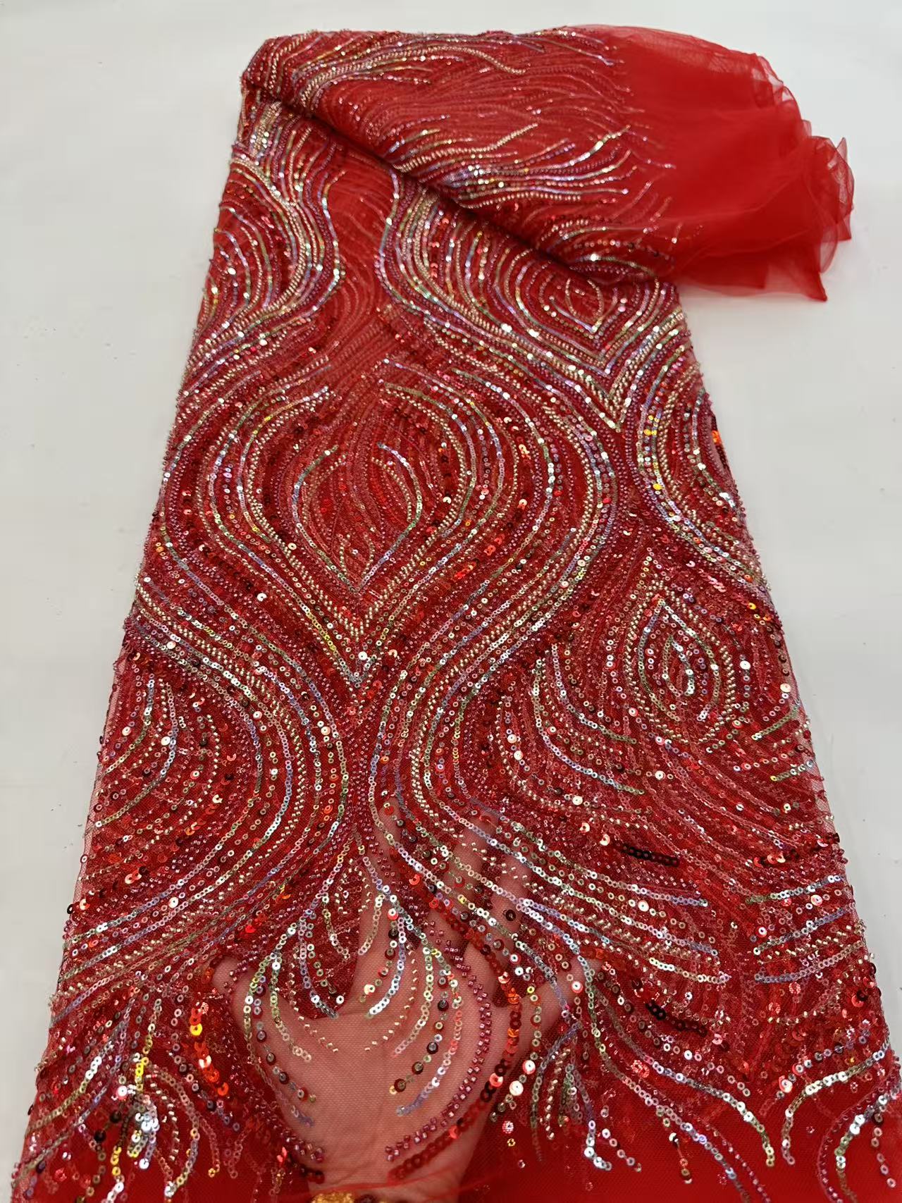 Embroidery Jersey - Luxury Red African Beaded Mesh Lace