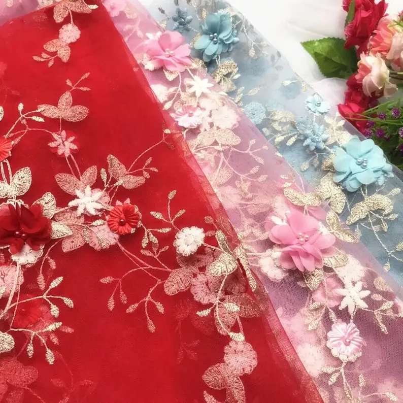 Embroidery Veil - 7 colors 3D chiffon flowers gold