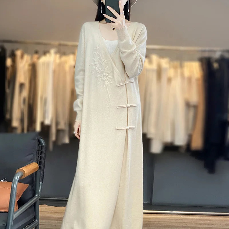 Embroidery Thread Yarn - Women's Long Cashmere Sweater V-Neck Knit